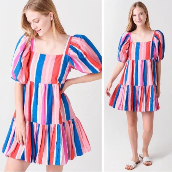 Oliphant Bubble Skirt Mini Dress Stripe Puff Sleeves Colorful size small - Picture 1 of 8